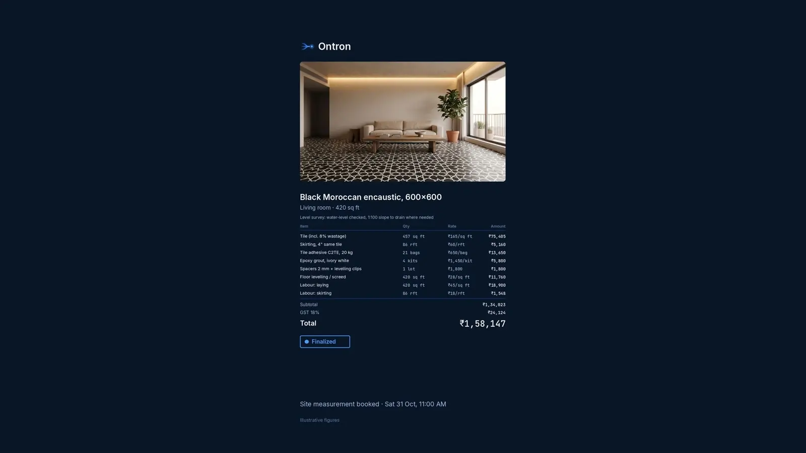 Illustrative photo of a branded Ontron quote for Black Moroccan encaustic tile, with the room, the quantities and the total.