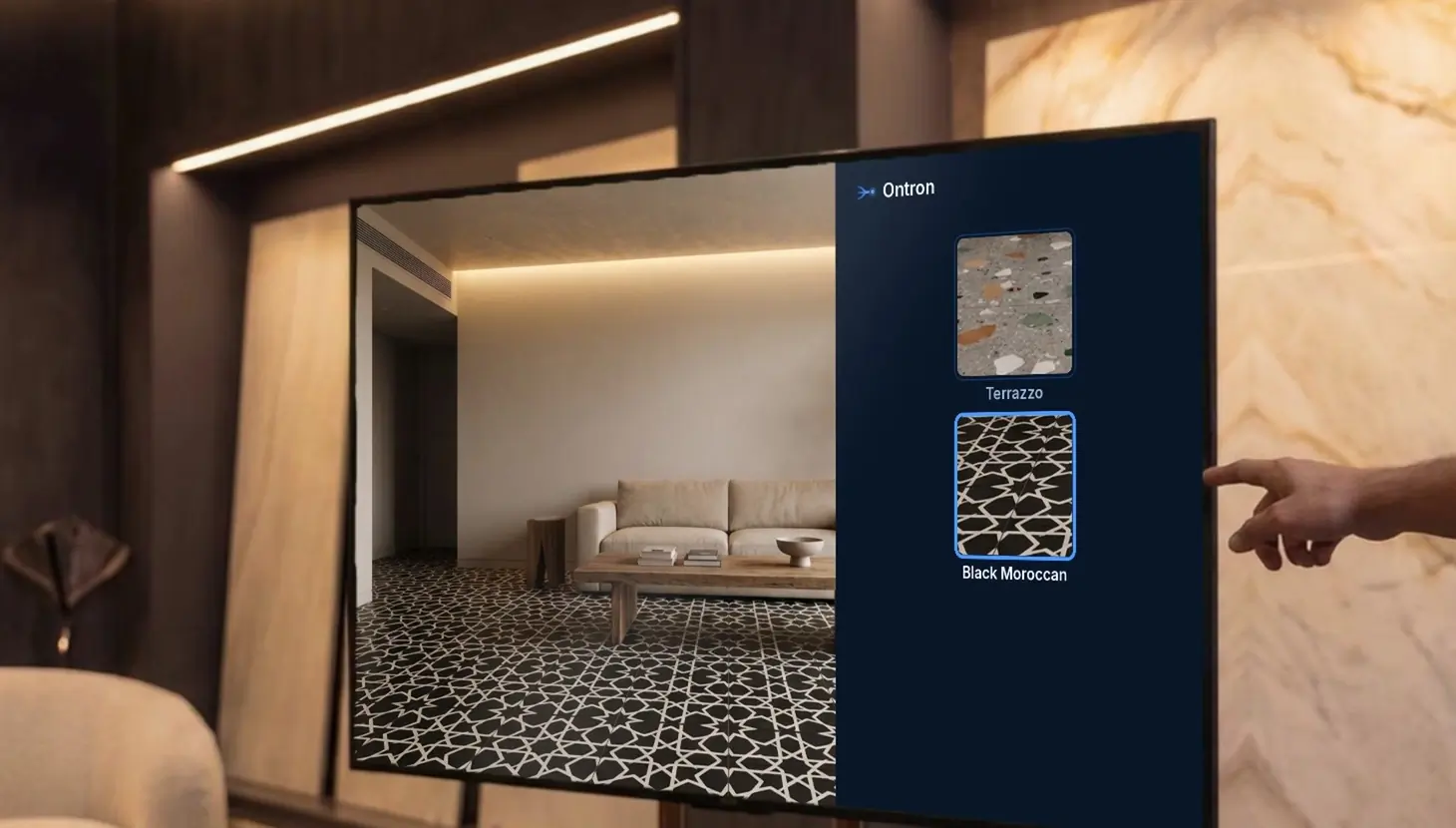 Illustrative photo of the Ontron TV in a lounge, showing a room rendered with a Black Moroccan floor.